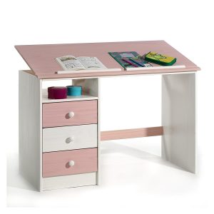 Bureau enfant 3 tiroirs 1 casier plateau inclinable pin massif lasuré blanc rose